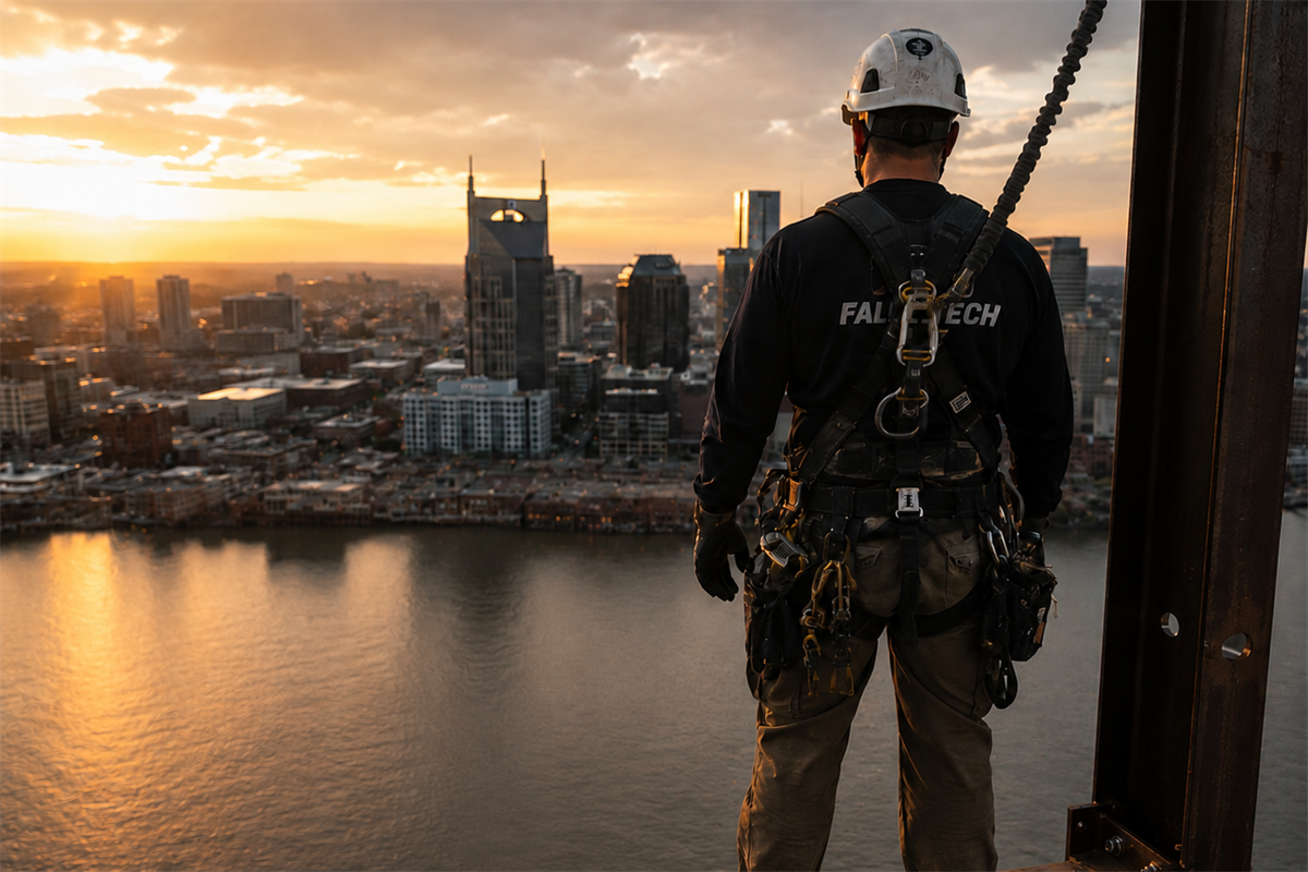 Worker overlooking the Nashville skyline