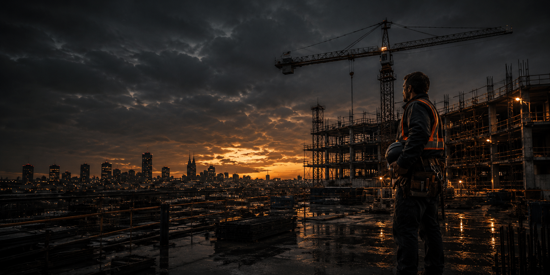 Careers hero — worker holding hard hat (grayscale)