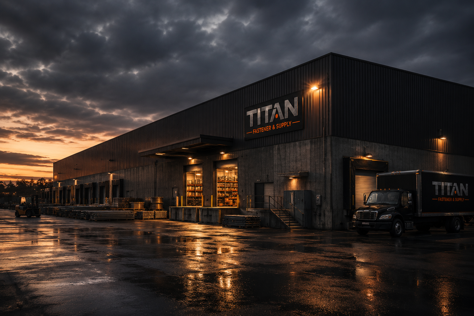Titan warehouse exterior at dusk